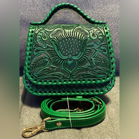 Handmade Handbags - handmade genuine leather Luxury Shoulder Straps Tooled Handbag Green Purse